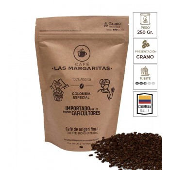 Café Las Margaritas, grano 100 % tueste natural Arábica origen finca  Colombia 250 gramos.